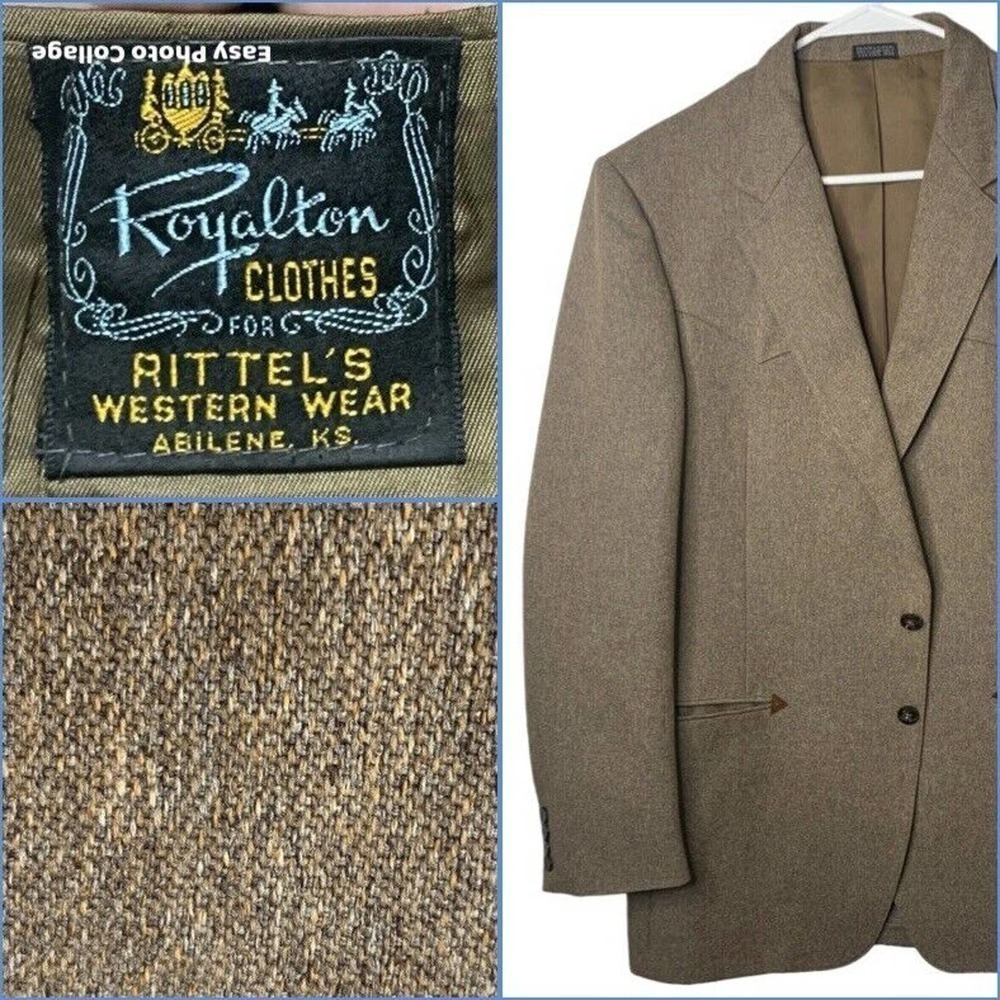 VTG 60s Rittels Western Wear Mens 42L Brown with Leather Trim Sport Coat - Picture 2 of 16